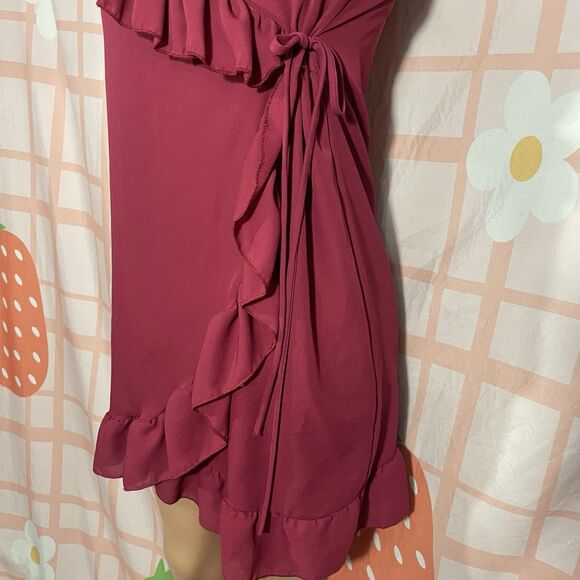 Y2k Charlotte Russe Wrap Front Ruffle Burgundy Mini Dress Size Medium - Picture 4 of 5